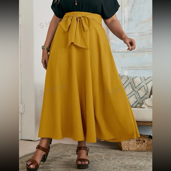 NEW| SHEIN Plus Size Mustard Color Tie Front Skirt - Picture 4 of 5